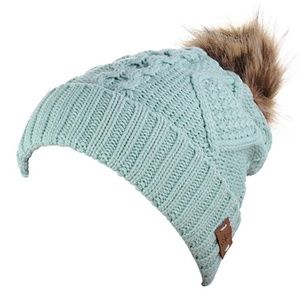 Mint Fleece Lined Cable Knitted Pom Pom Beanie